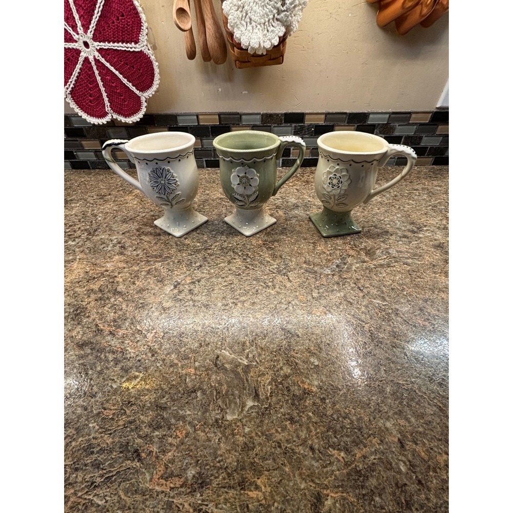 Ceramic Footed Floral Mugs Set of 3 Sage Green Cream Cottage core - Picture 1 of 11